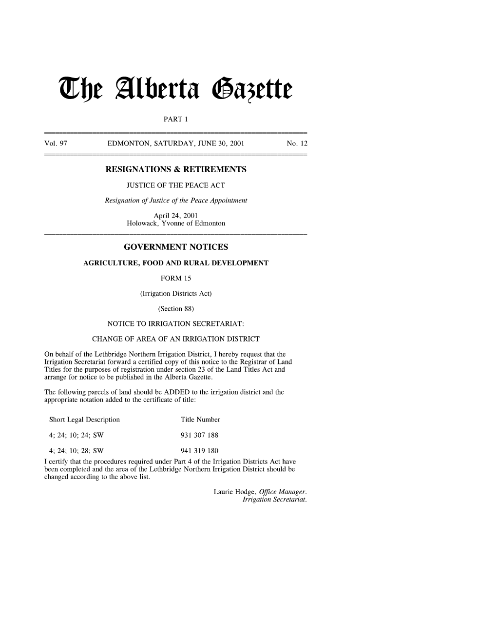 The Alberta Gazette, Part I, June 30, 2001