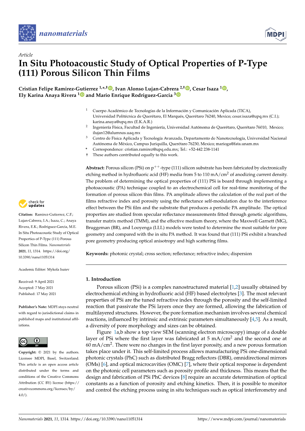 In Situ Photoacoustic Study of Optical Properties of P-Type (111) Porous Silicon Thin Films