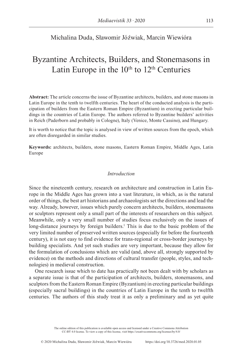 Byzantine Architects, Builders, and Stonemasons in Latin Europe in the 10Th to 12Th Centuries 1