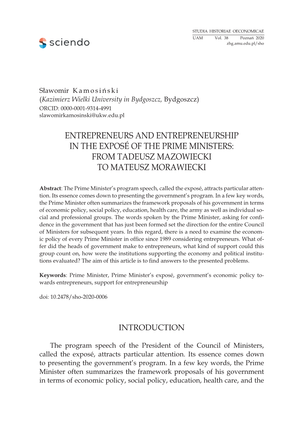 Entrepreneurs and Entrepreneurship in the Exposé of the Prime Ministers: from Tadeusz Mazowiecki to Mateusz Morawiecki