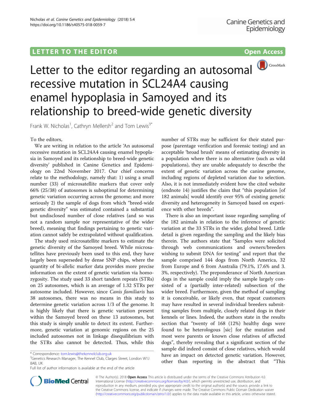 Letter to the Editor Regarding an Autosomal Recessive Mutation In