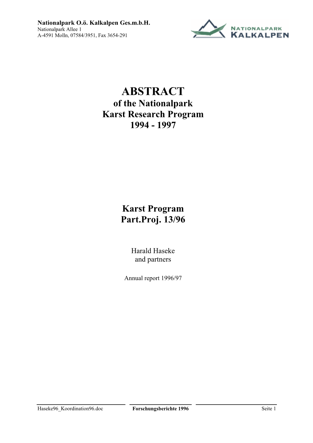 ABSTRACT of the Nationalpark Karst Research Program 1994 - 1997