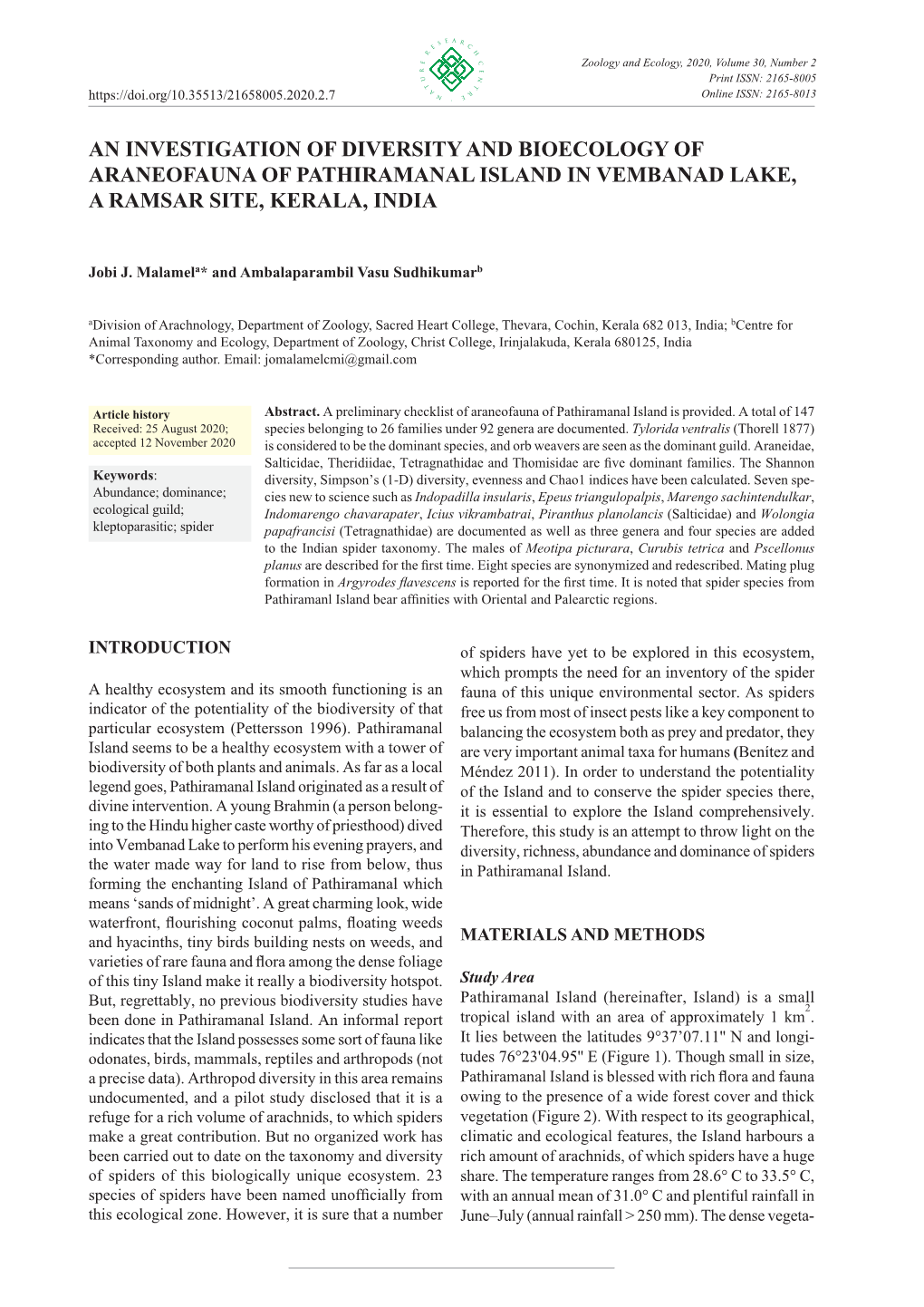 An Investigation of Diversity and Bioecology of Araneofauna of Pathiramanal Island in Vembanad Lake, a Ramsar Site, Kerala, India