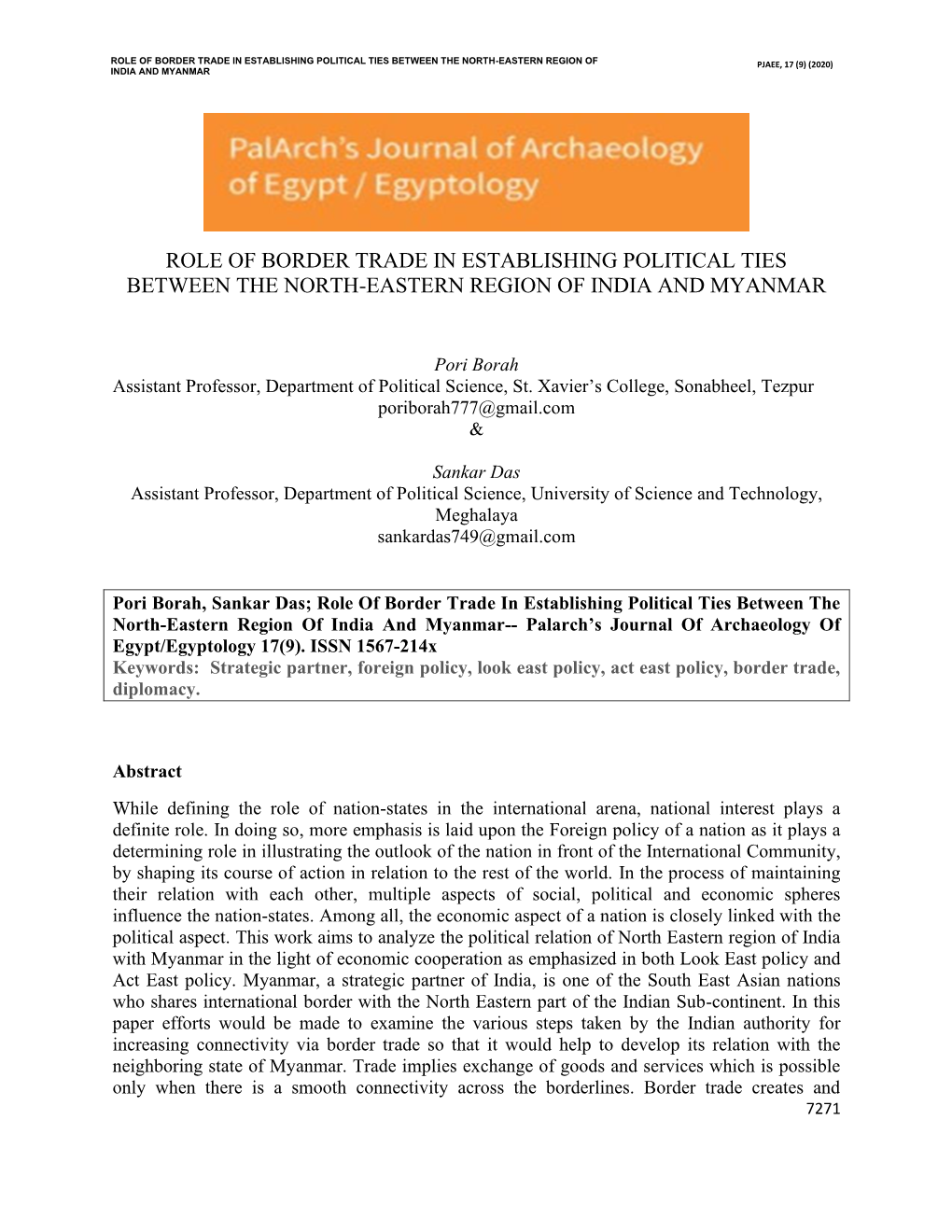 Role of Border Trade in Establishing Political Ties Between the North-Eastern Region of Pjaee, 17 (9) (2020) India and Myanmar