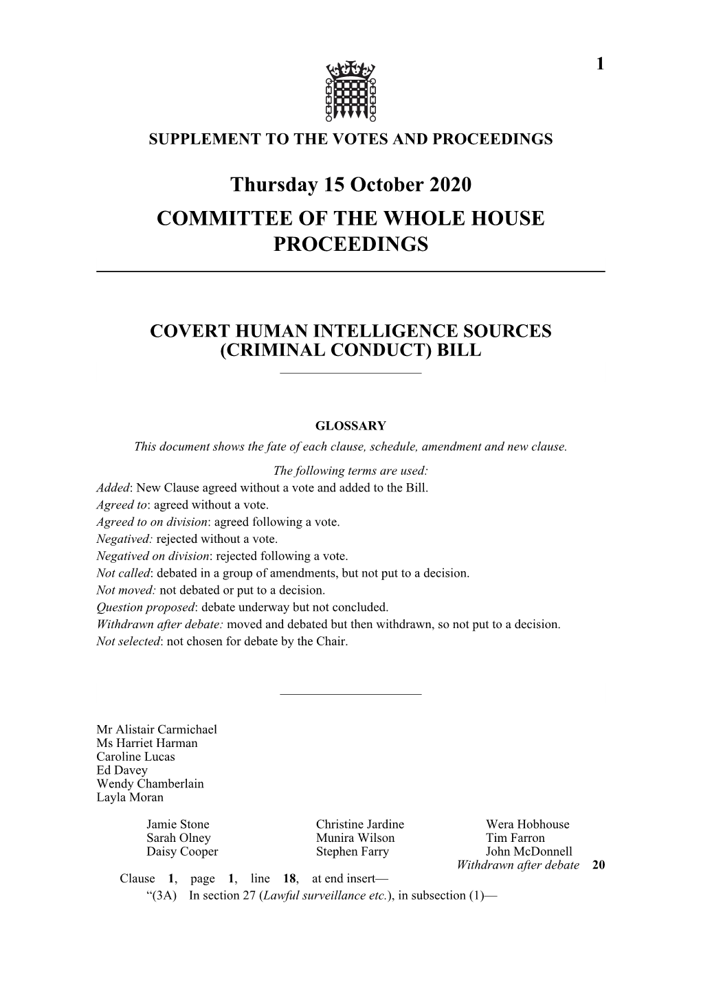 Thursday 15 October 2020 COMMITTEE of the WHOLE HOUSE PROCEEDINGS