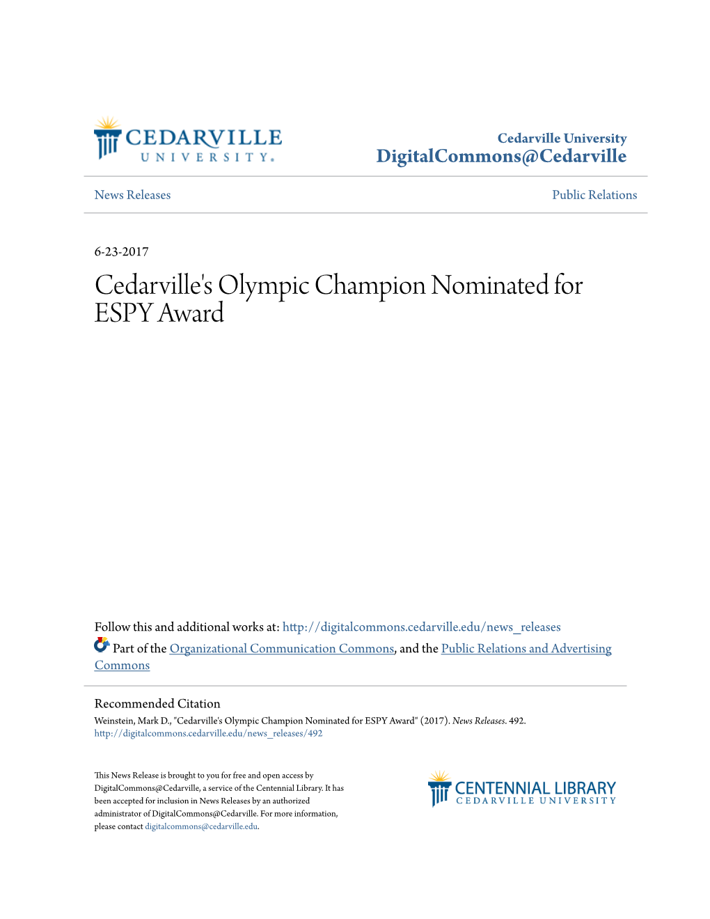 Cedarville's Olympic Champion Nominated for ESPY Award