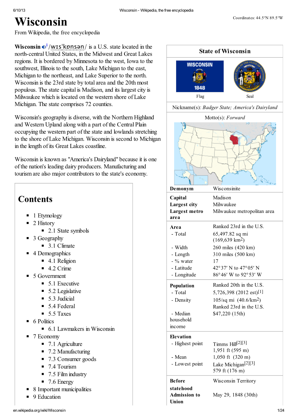 Wisconsin - Wikipedia, the Free Encyclopedia Wisconsin Coordinates: 44.5°N 89.5°W from Wikipedia, the Free Encyclopedia