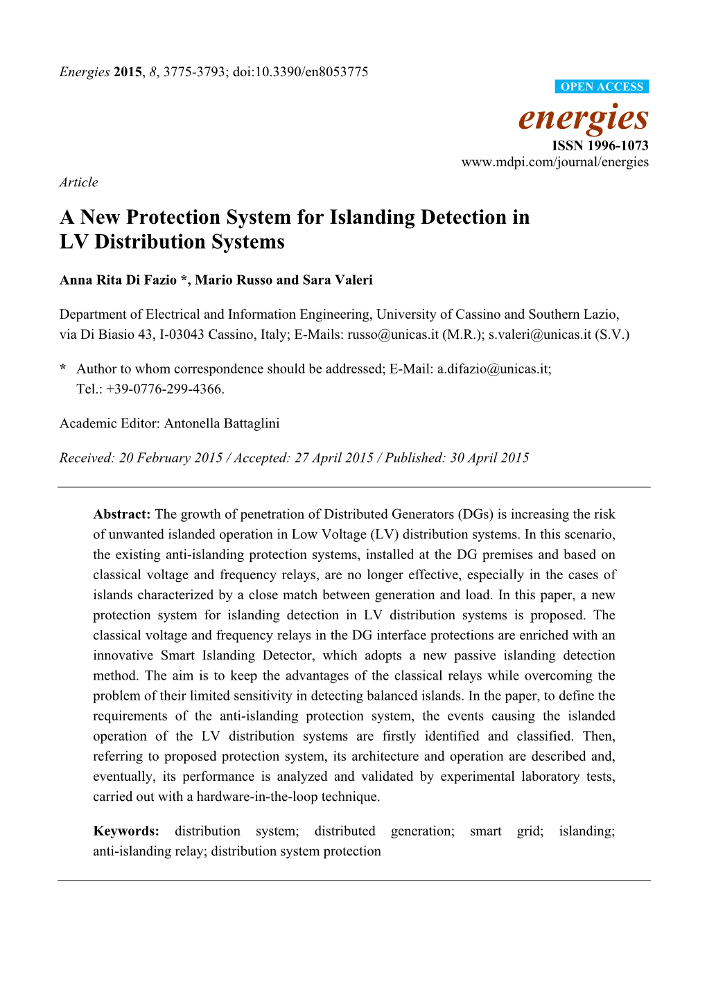 A New Protection System for Islanding Detection in LV Distribution Systems