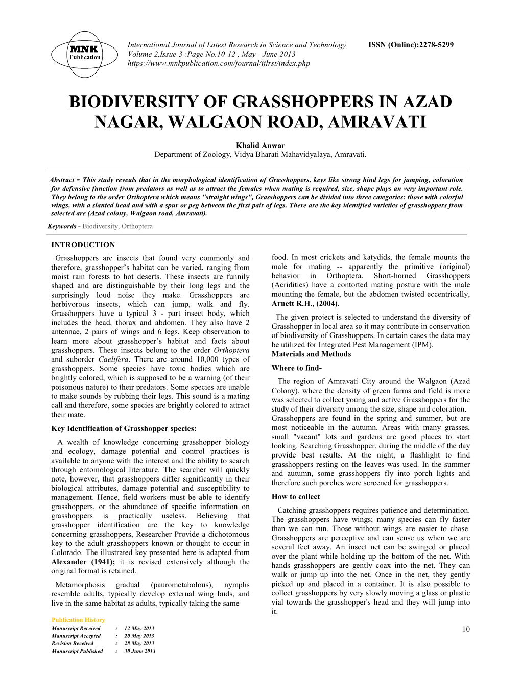 Biodiversity of Grasshoppers in Azad Nagar, Walgaon Road, Amravati