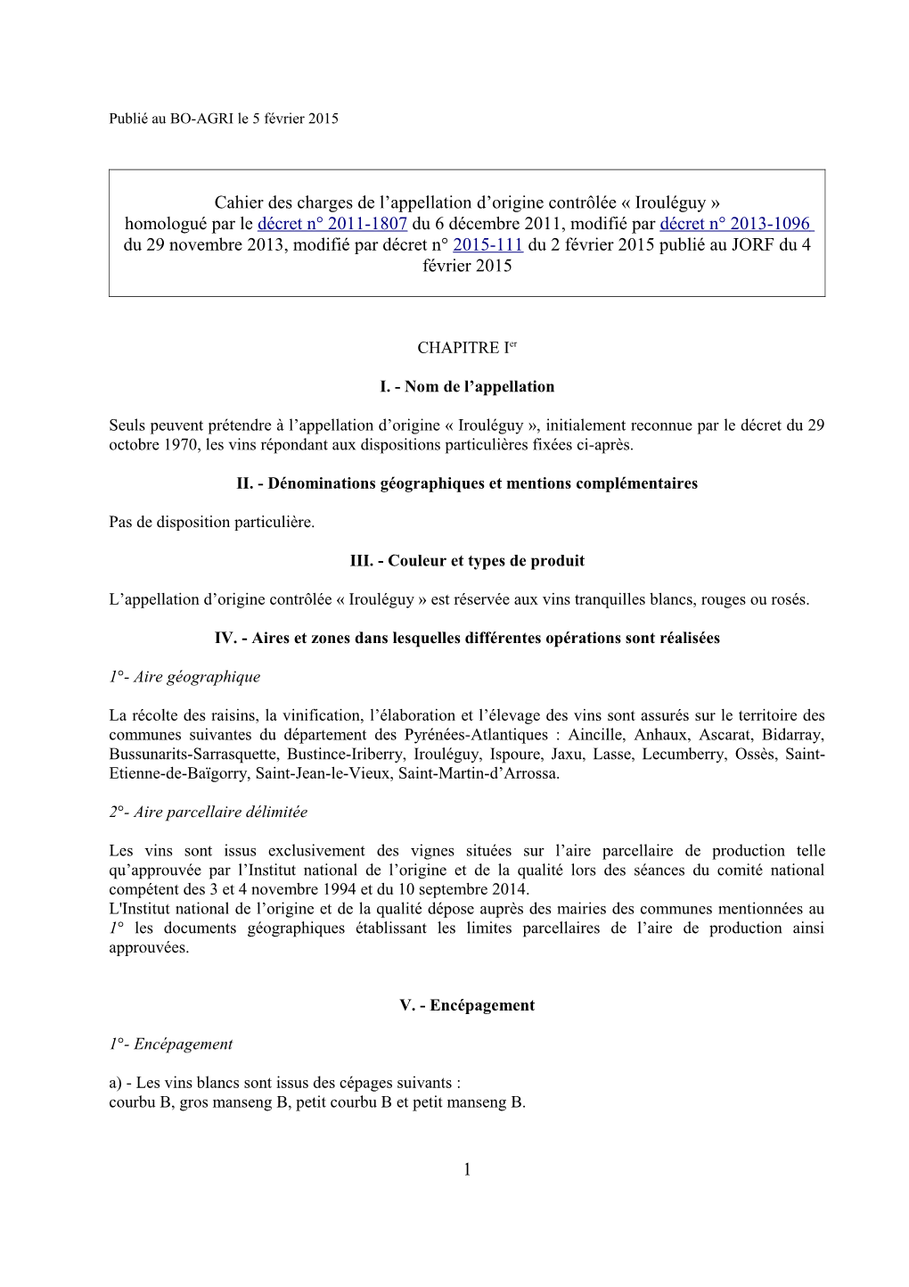 Cahier Des Charges De L'appellation D'origine Contrôlée Irouléguy