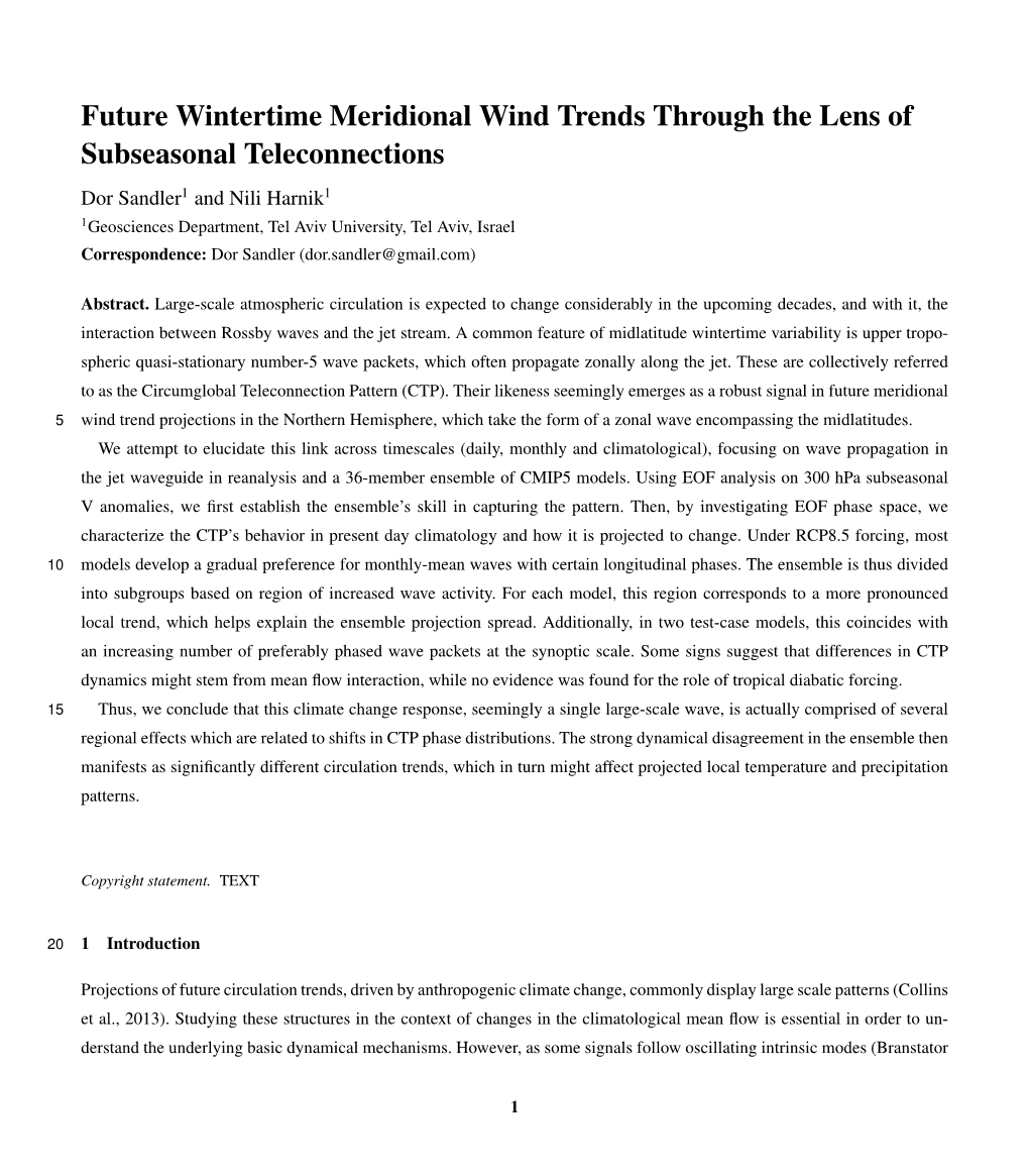 Future Wintertime Meridional Wind Trends Through the Lens of Subseasonal Teleconnections