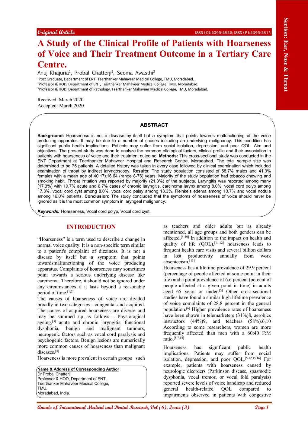 A Study of the Clinical Profile of Patients with Hoarseness of Voice and Their Treatment Outcome in a Tertiary Care Centre