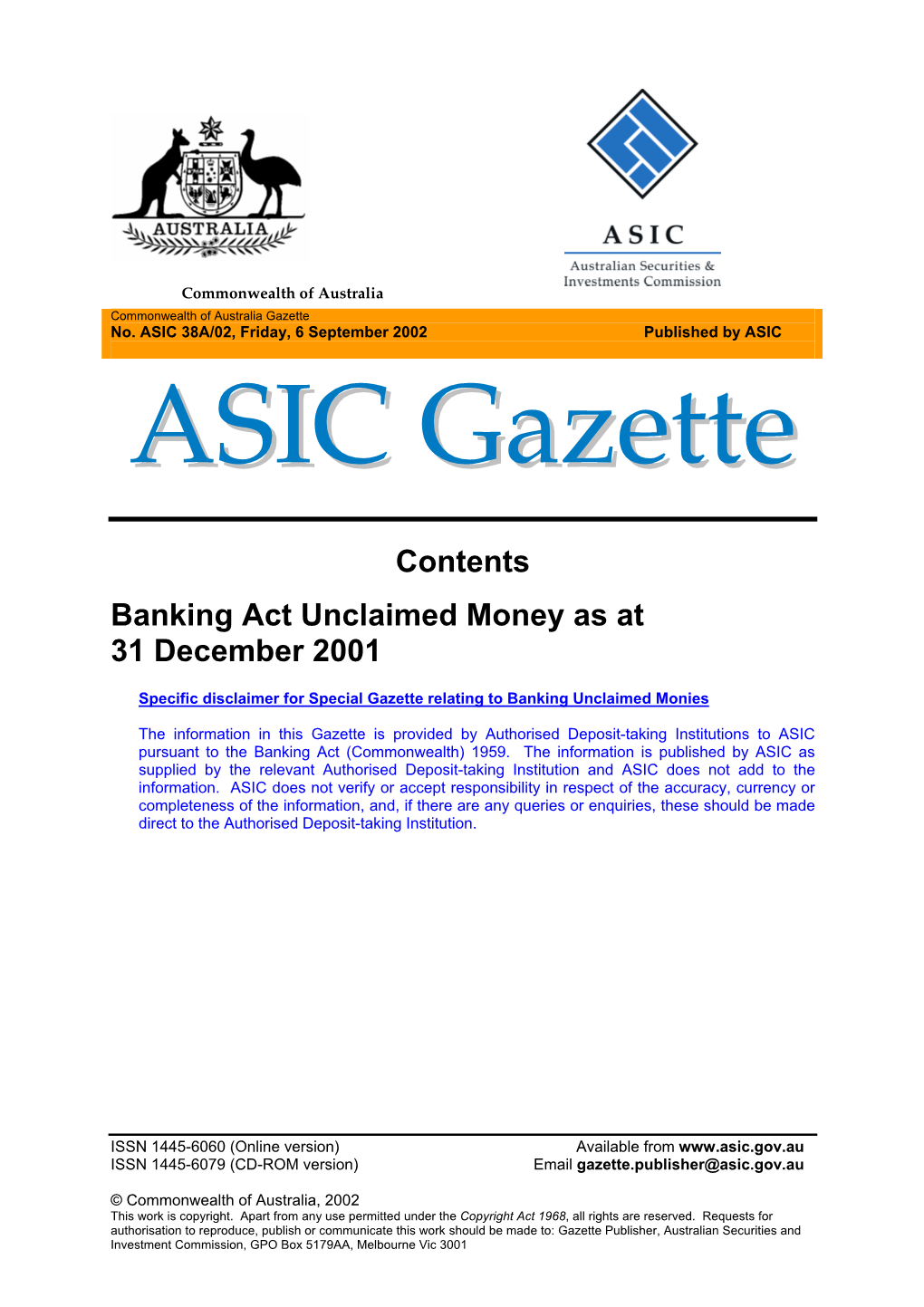 Contents Banking Act Unclaimed Money As at 31 December 2001