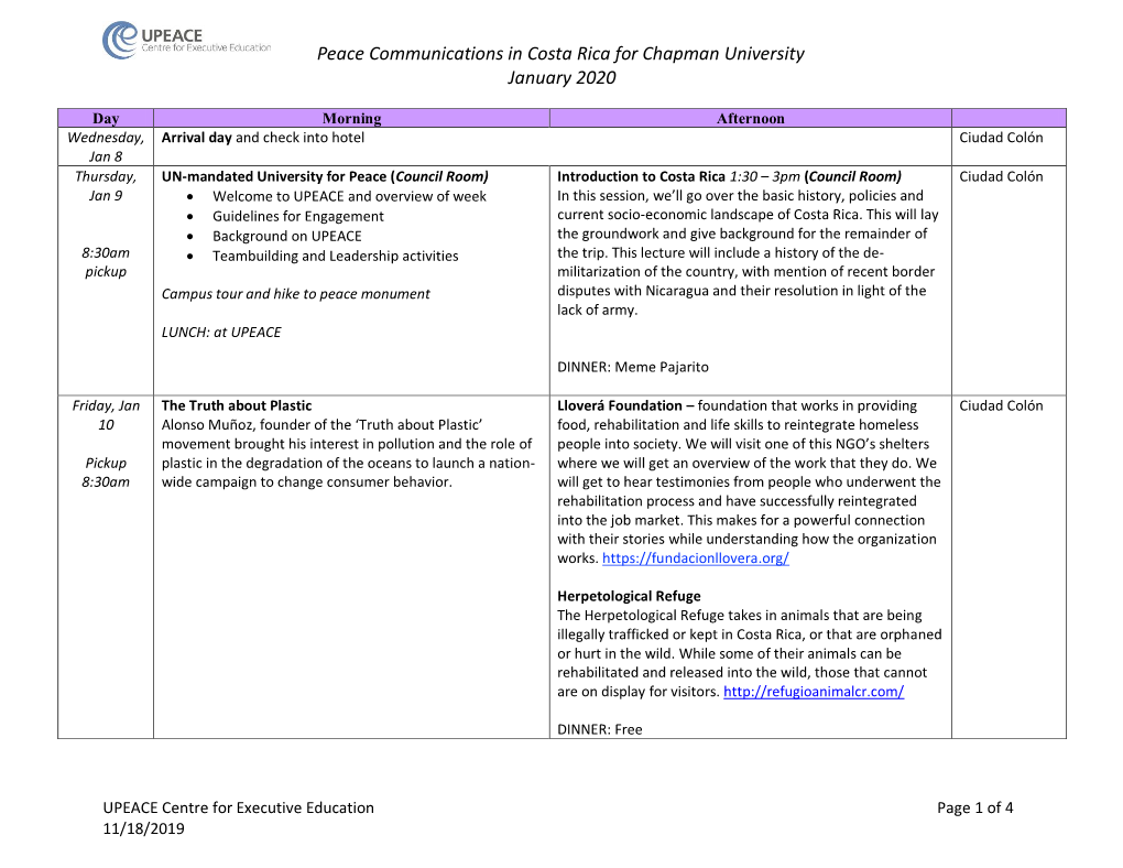 Peace Communications in Costa Rica for Chapman University January 2020