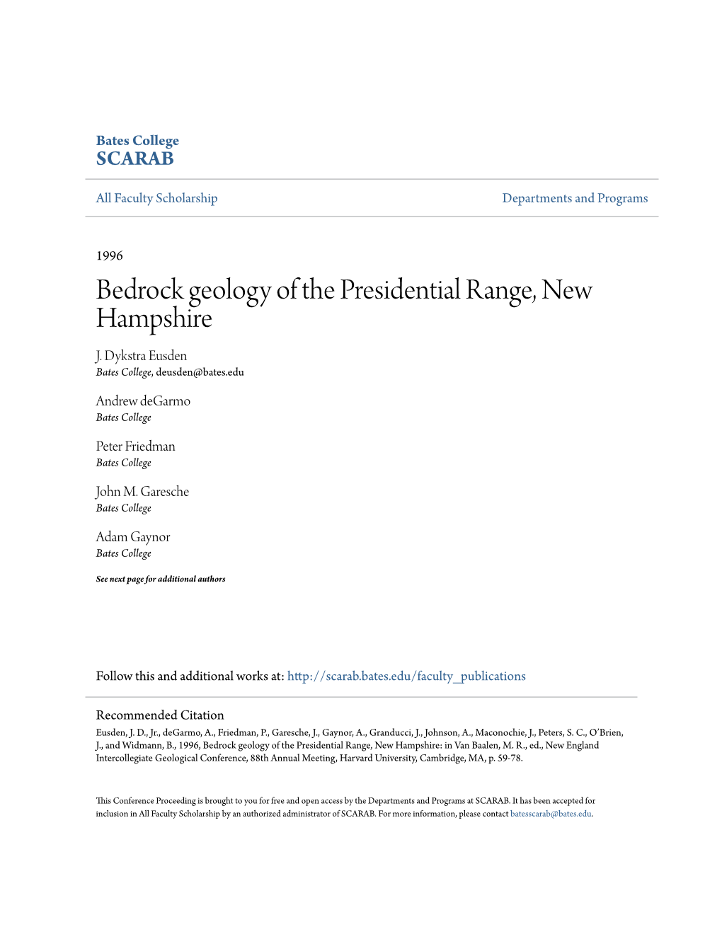 Bedrock Geology of the Presidential Range, New Hampshire J