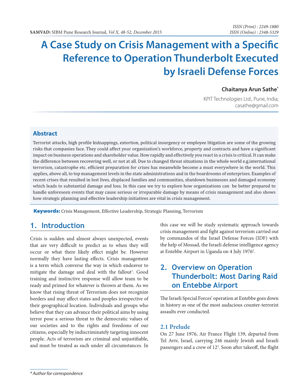 A Case Study on Crisis Management with a Specific Reference to Operation Thunderbolt Executed by Israeli Defense Forces