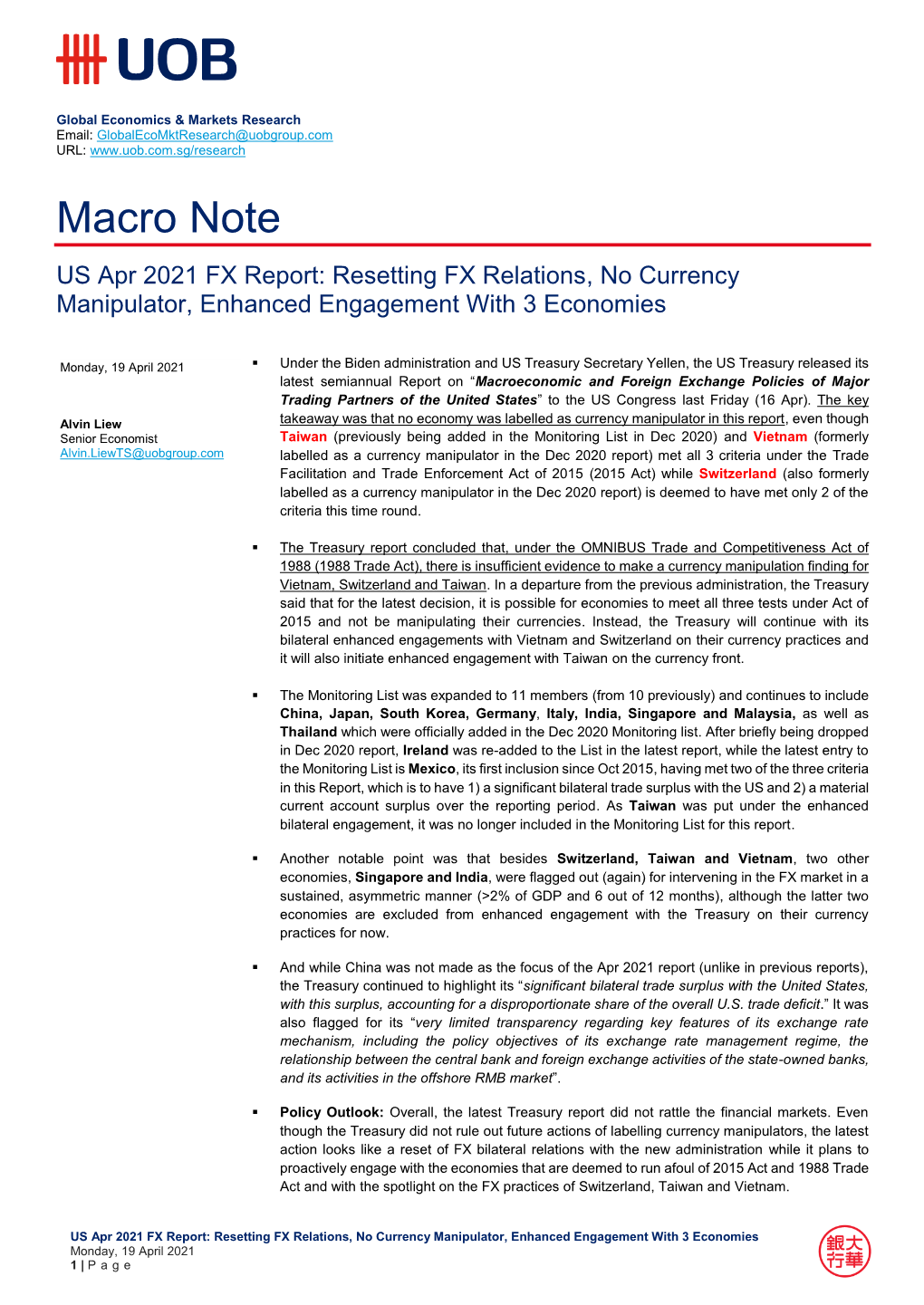 US Apr 2021 FX Report: Resetting FX Relations, No Currency Manipulator, Enhanced Engagement with 3 Economies