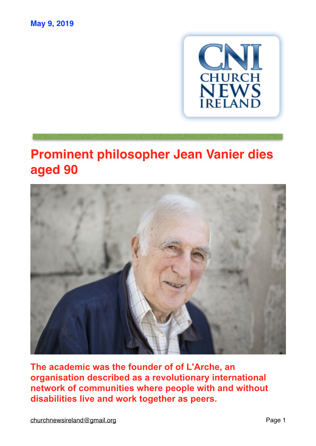 Prominent Philosopher Jean Vanier Dies Aged 90