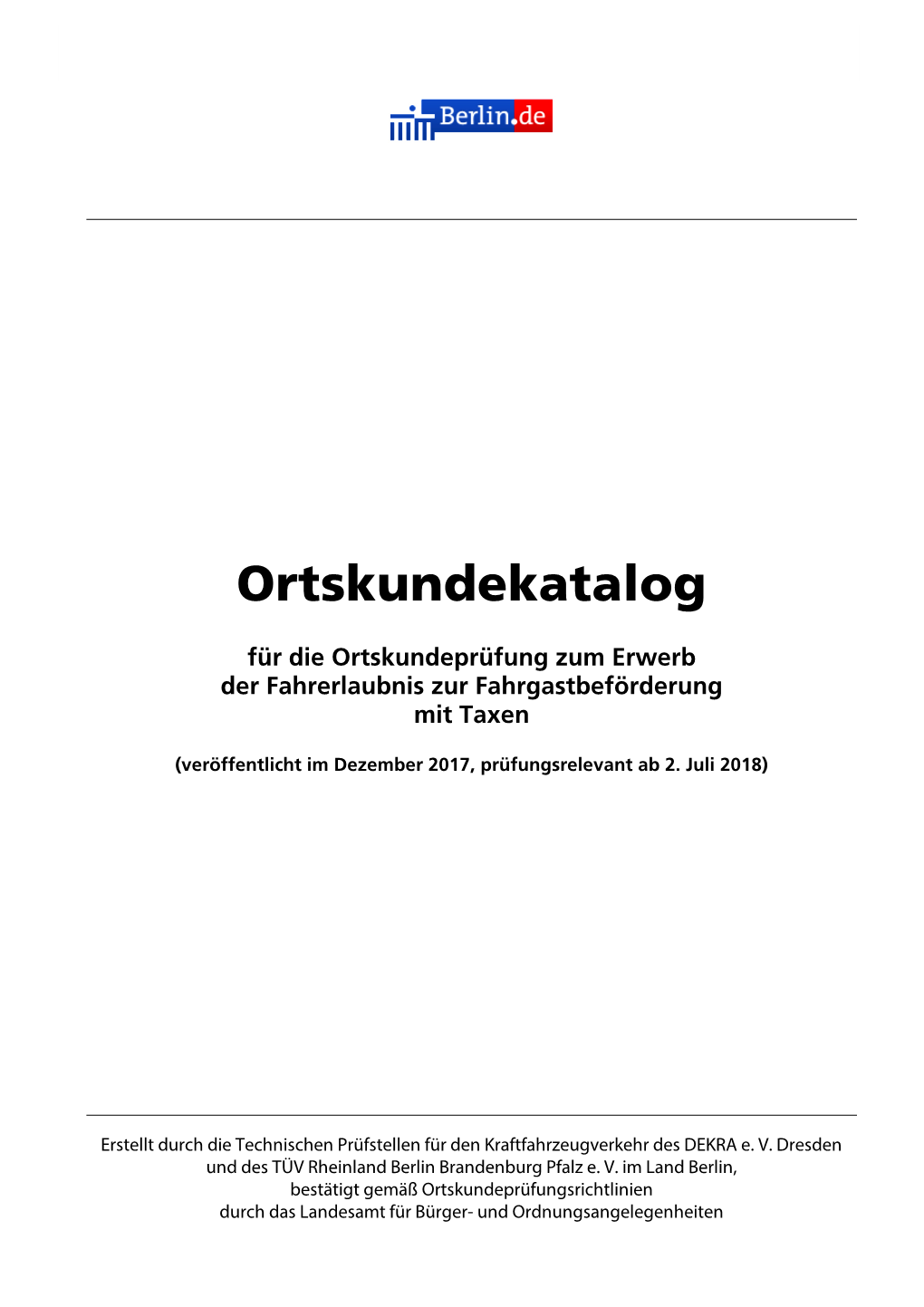 Ortskundekatalog Für Die Ortskundeprüfung Zum Erwerb Der Fzf, Berlin 2018