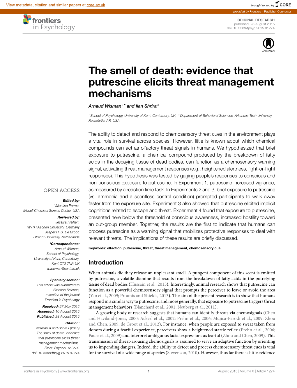 Evidence That Putrescine Elicits Threat Management Mechanisms