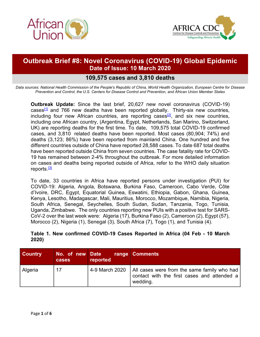 Outbreak Brief #8: Novel Coronavirus (COVID-19) Global Epidemic Date of Issue: 10 March 2020 109,575 Cases and 3,810 Deaths