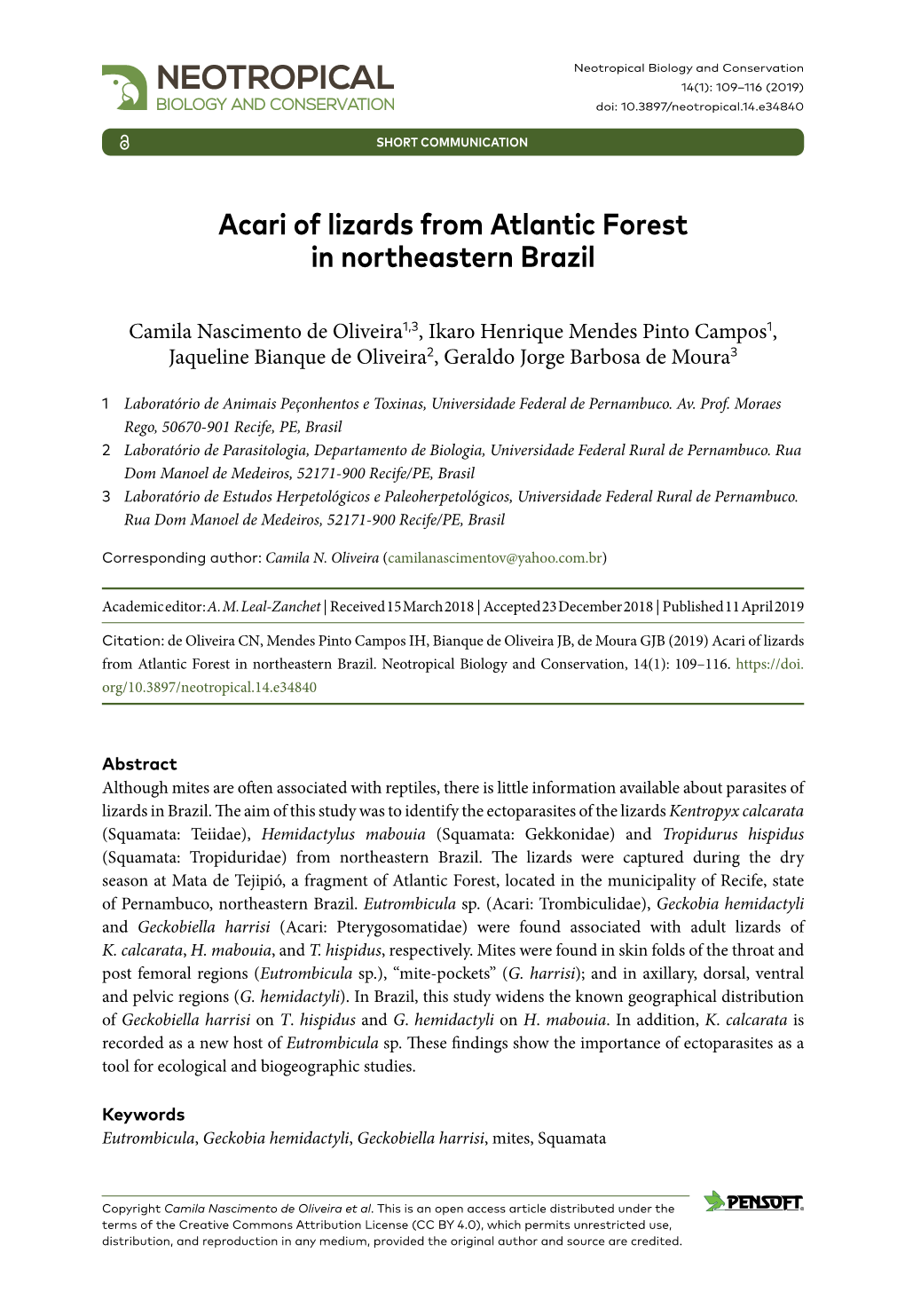 ﻿Acari of Lizards from Atlantic Forest in Northeastern Brazil