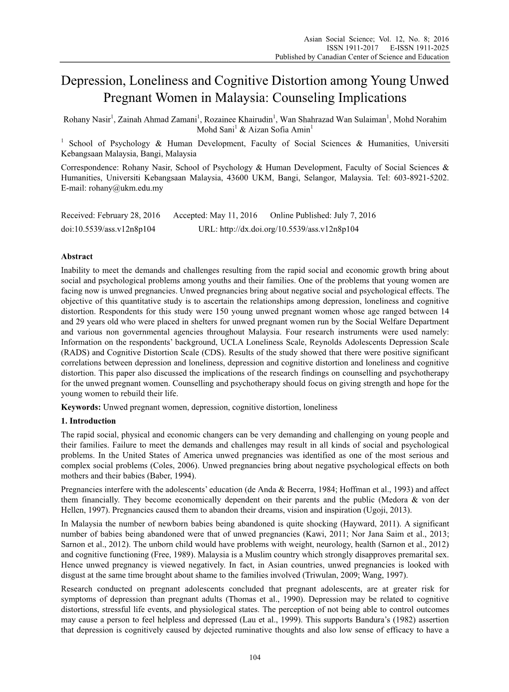 Depression, Loneliness and Cognitive Distortion Among Young Unwed Pregnant Women in Malaysia: Counseling Implications