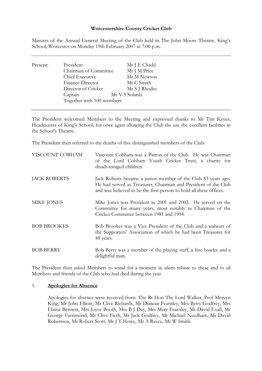 Worcestershire County Cricket Club Minutes of the Annual General