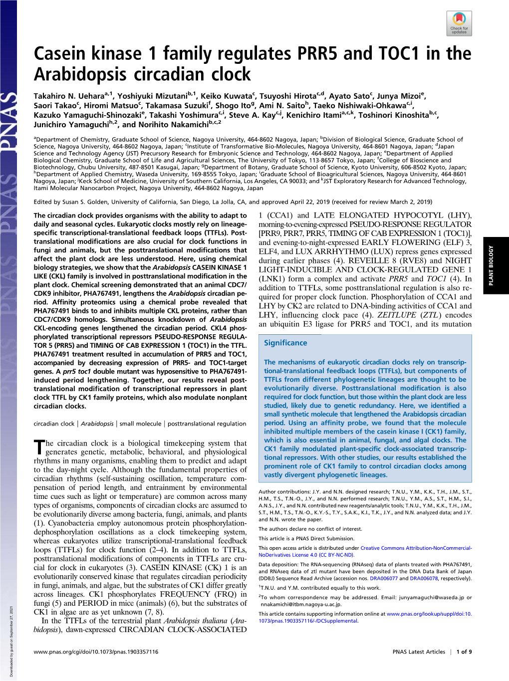 Casein Kinase 1 Family Regulates PRR5 and TOC1 in the Arabidopsis Circadian Clock