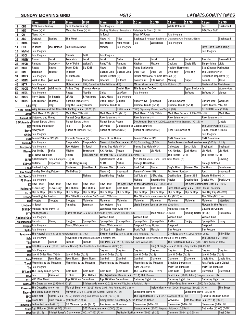 Sunday Morning Grid 4/5/15 Latimes.Com/Tv Times