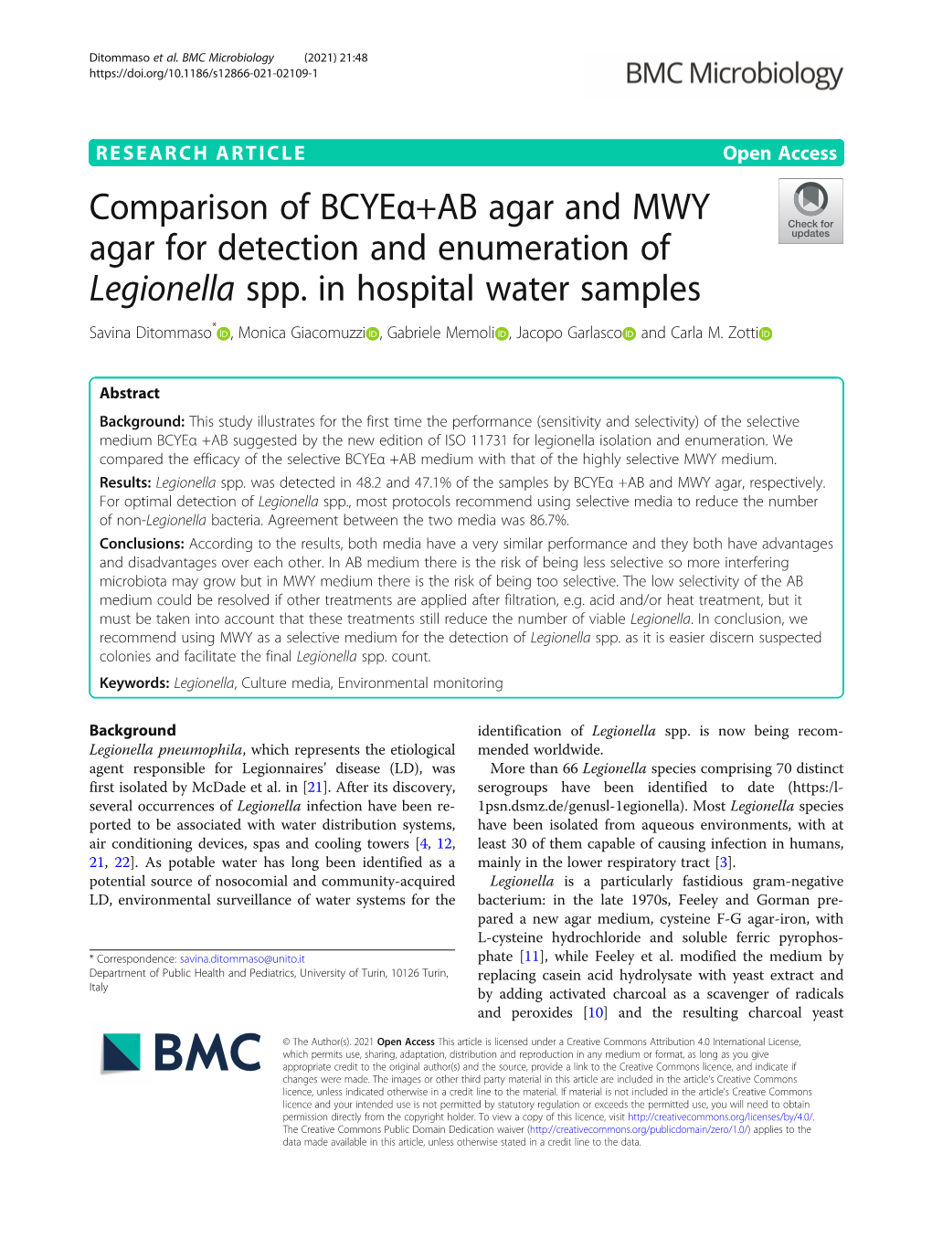 Comparison of Bcyeα+AB Agar and MWY Agar for Detection and Enumeration of Legionella Spp