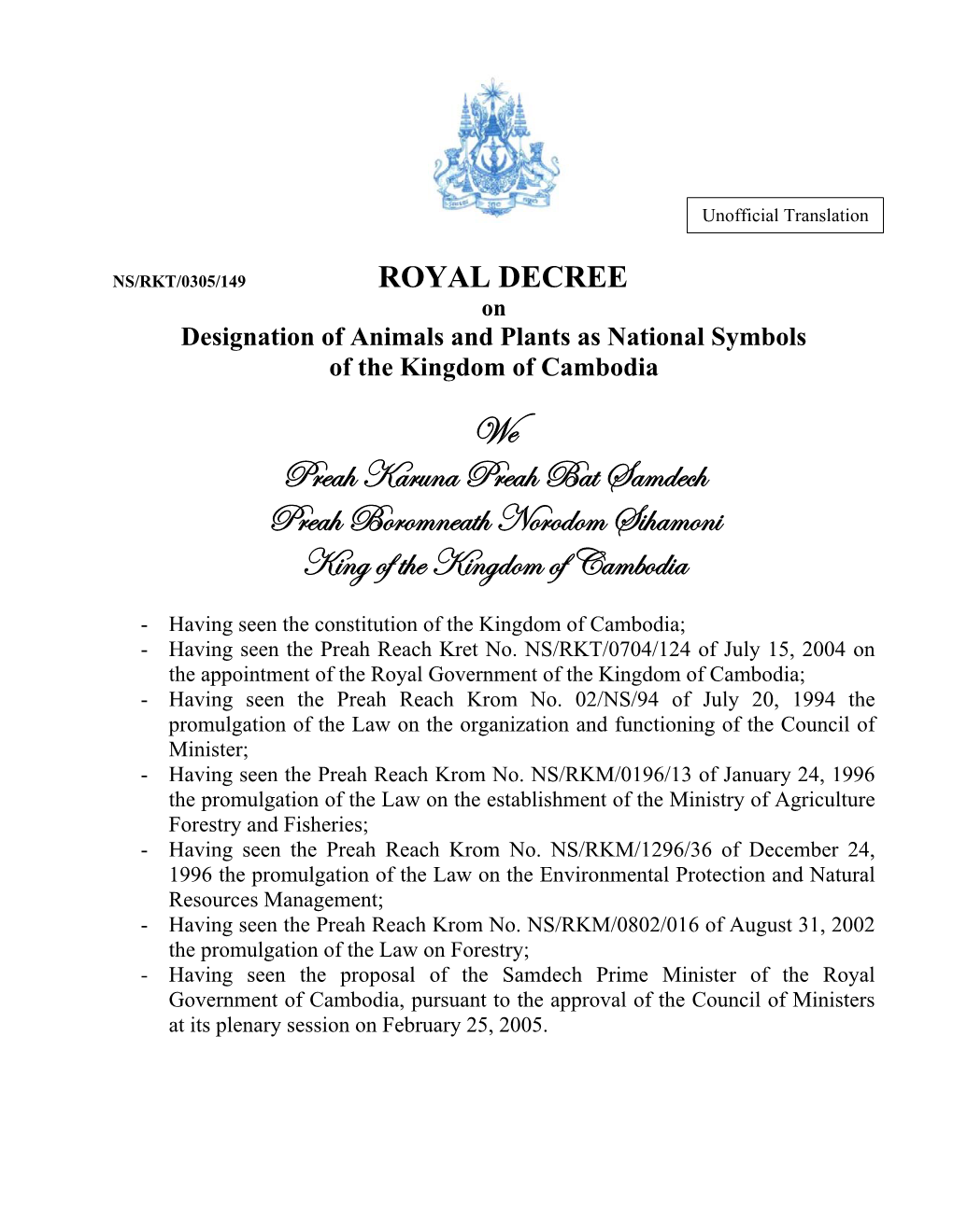 ROYAL DECREE on Designation of Animals and Plants As National Symbols of the Kingdom of Cambodia