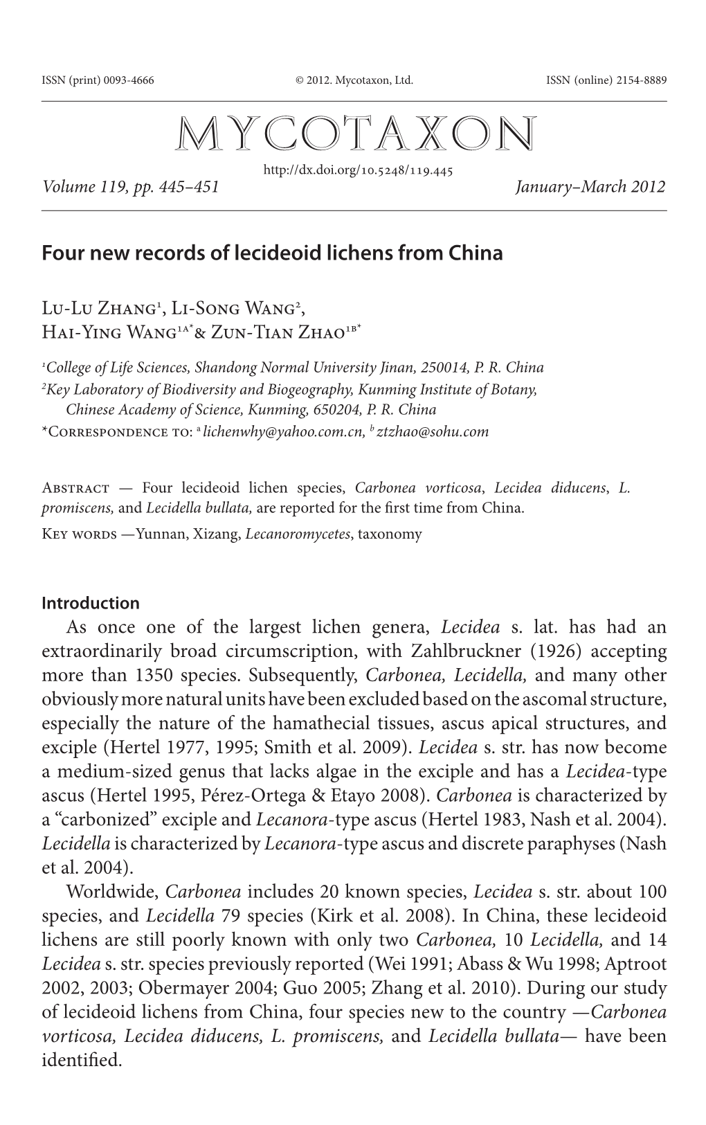 Four New Records of Lecideoid Lichens from China