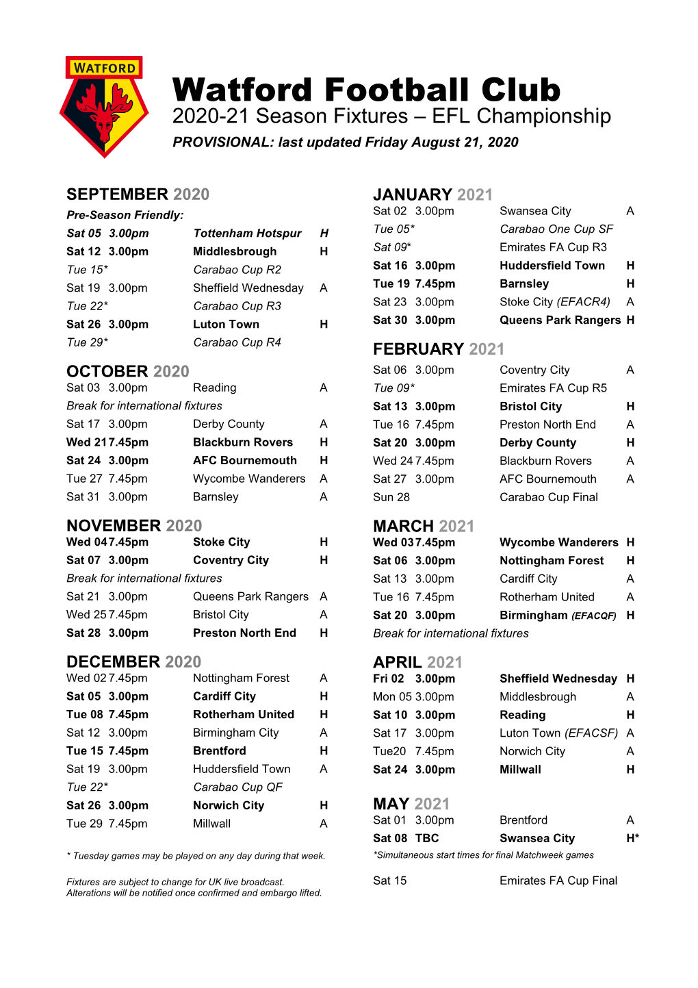 Watford Football Club 2020-21 Season Fixtures – EFL Championship