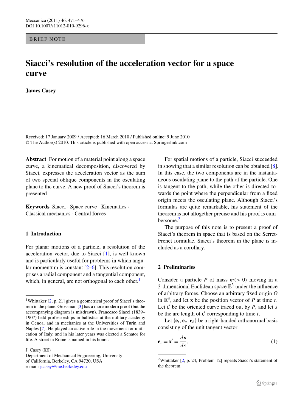 Siacci's Resolution of the Acceleration Vector for a Space Curve