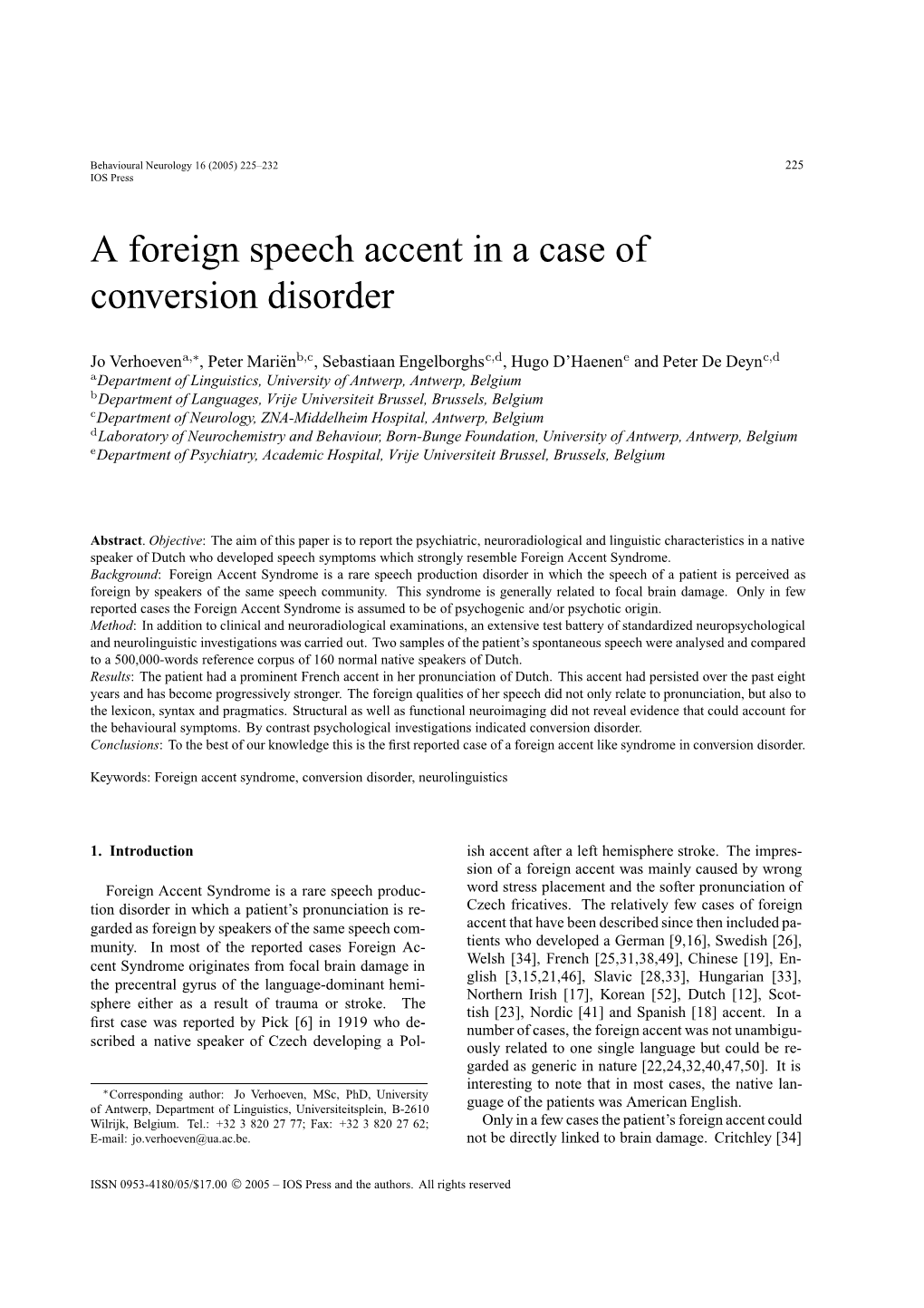 A Foreign Speech Accent in a Case of Conversion Disorder