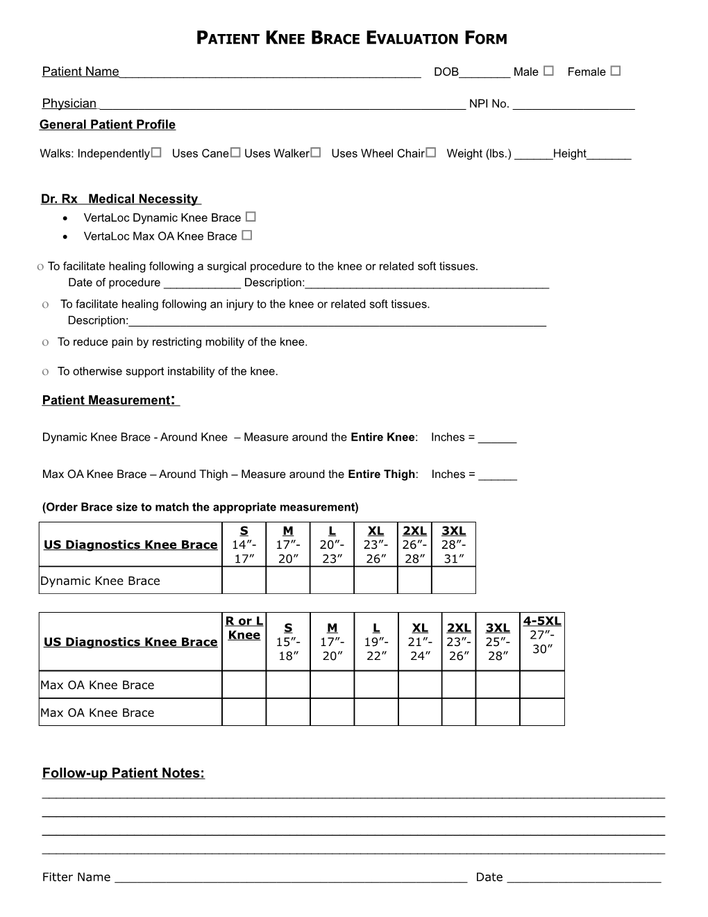 Patient Knee Brace Evaluation Form