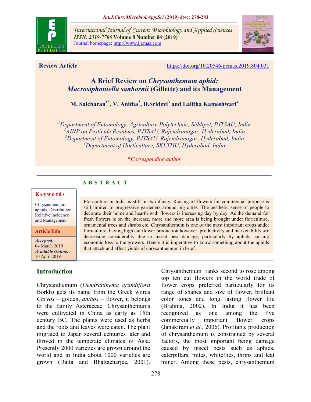 A Brief Review on Chrysanthemum Aphid: Macrosiphoniella Sanbornii (Gillette) and Its Management