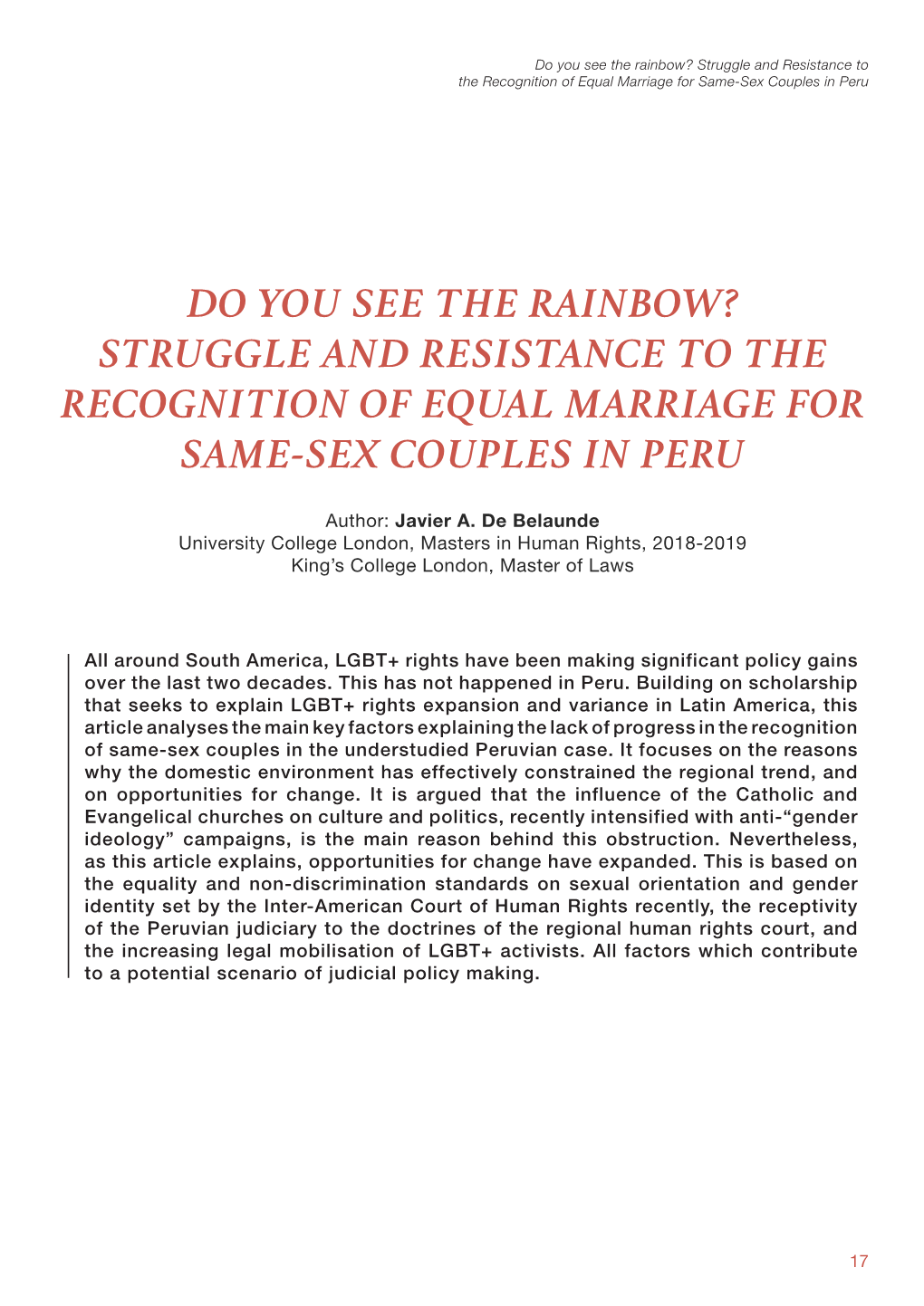 Do You See the Rainbow? Struggle and Resistance to the Recognition of Equal Marriage for Same-Sex Couples in Peru