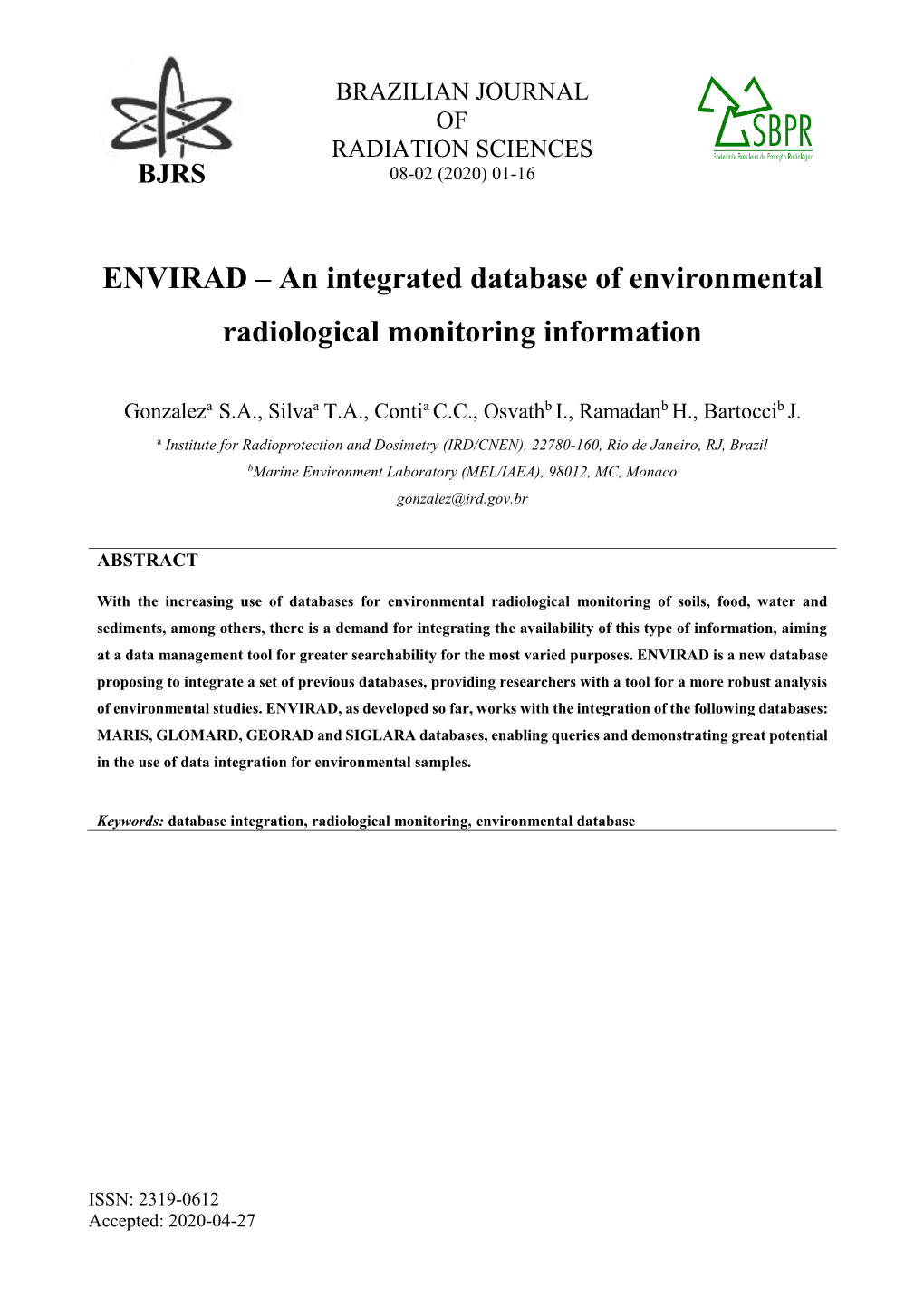 ENVIRAD – an Integrated Database of Environmental Radiological Monitoring Information