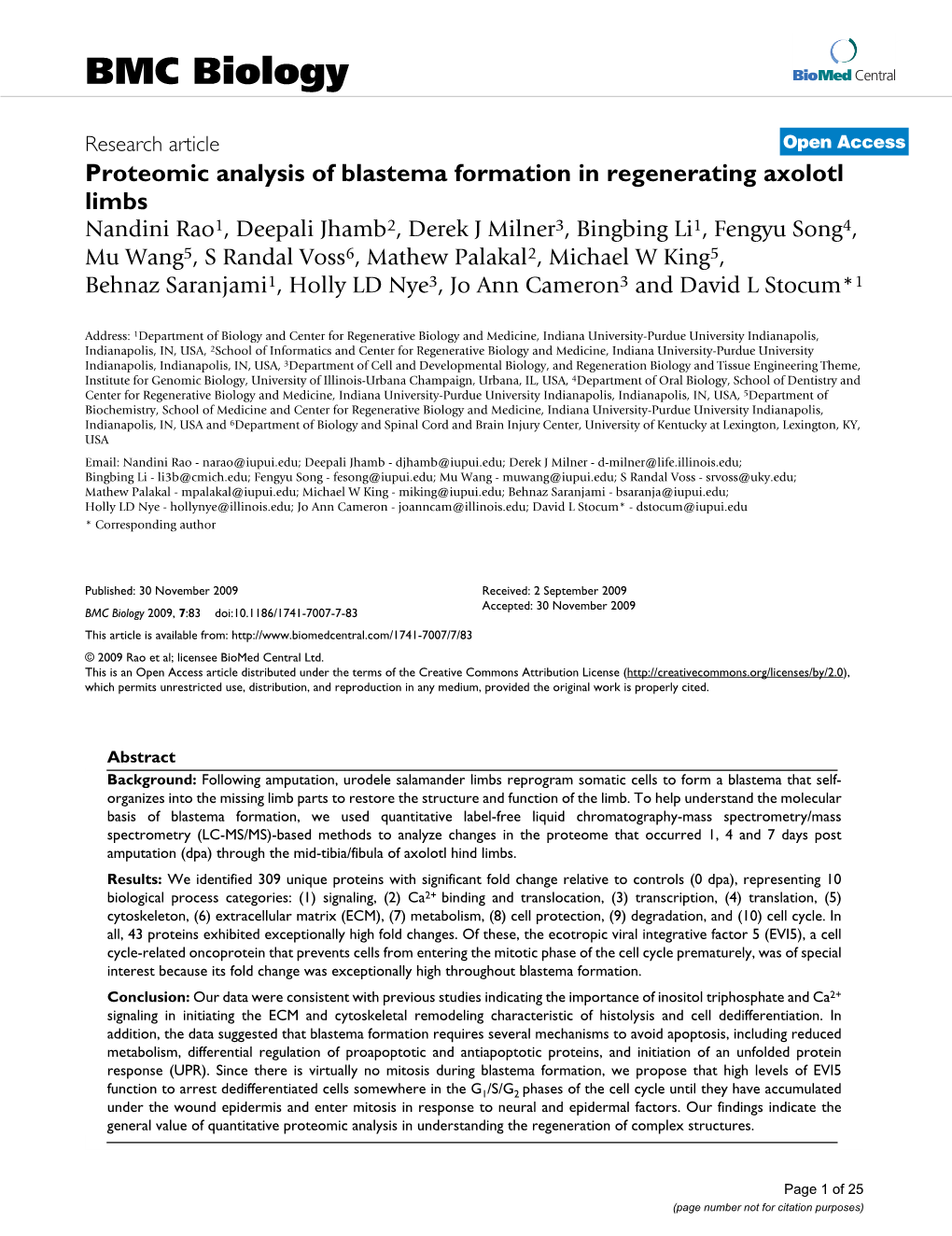 Proteomic Analysis of Blastema Formation in Regenerating Axolotl