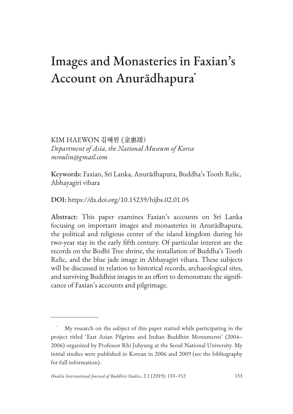 Images and Monasteries in Faxian's Account on Anurādhapura*