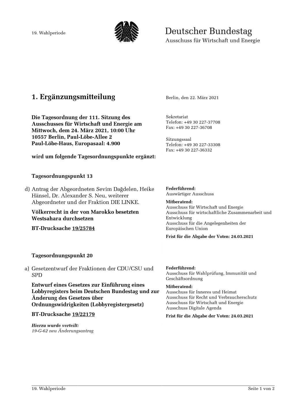 1. Ergänzungsmitteilung Berlin, Den 22