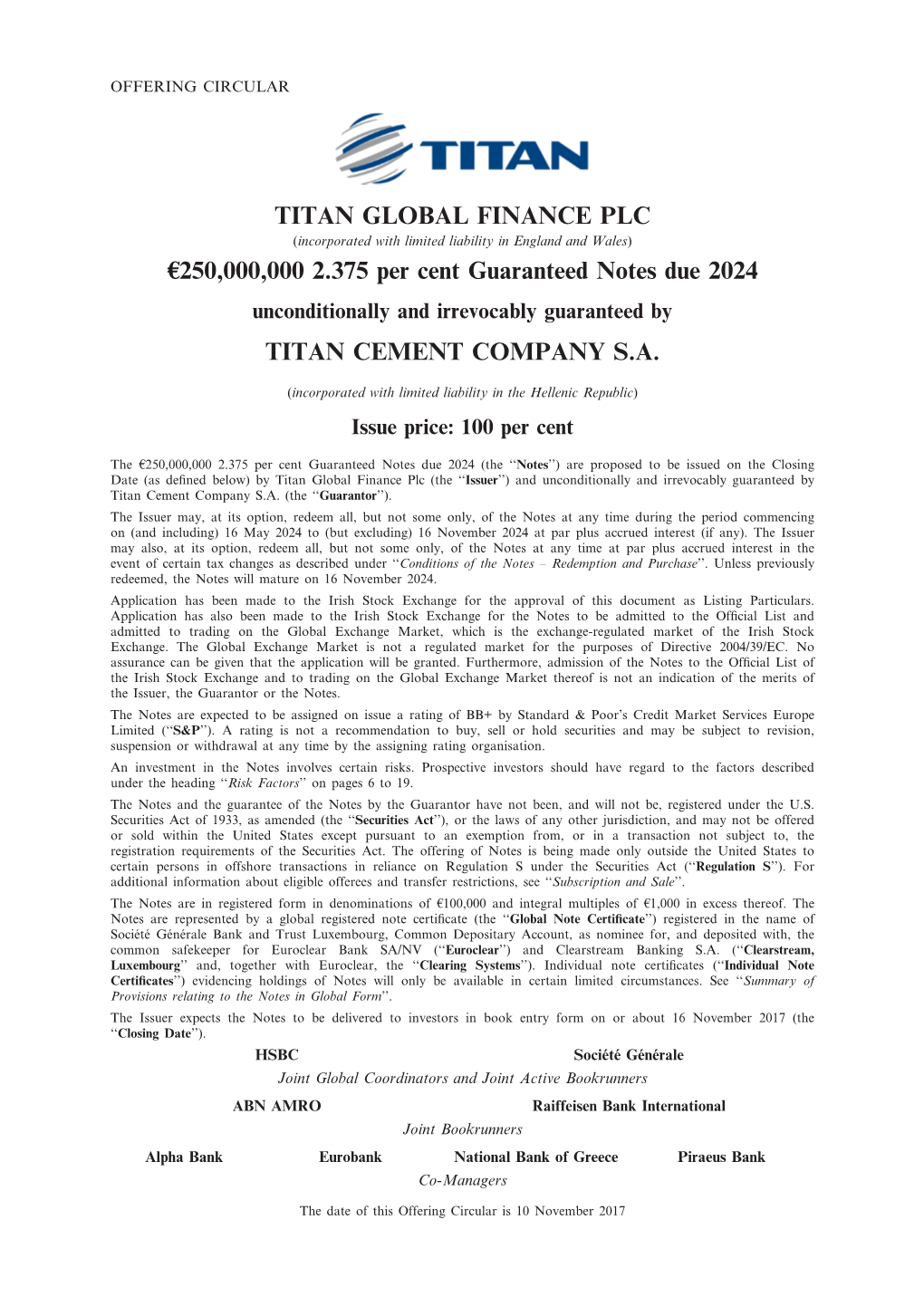 TITAN GLOBAL FINANCE PLC E250,000,000 2.375 Per Cent