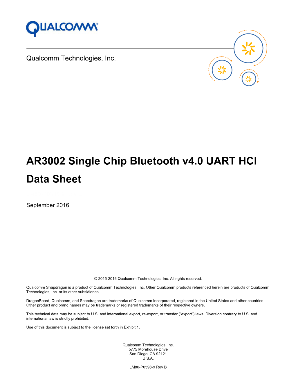 AR3002 Single Chip Bluetooth V4.0 UART HCI Data Sheet LM80-P0598-9 Rev B September 2016