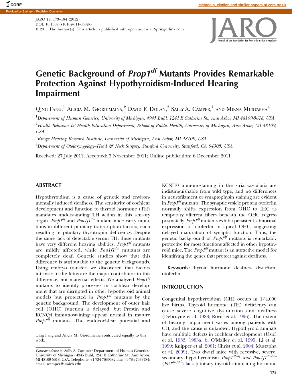 Genetic Background of Prop1 Mutants Provides Remarkable Protection Against Hypothyroidism-Induced Hearing Impairment