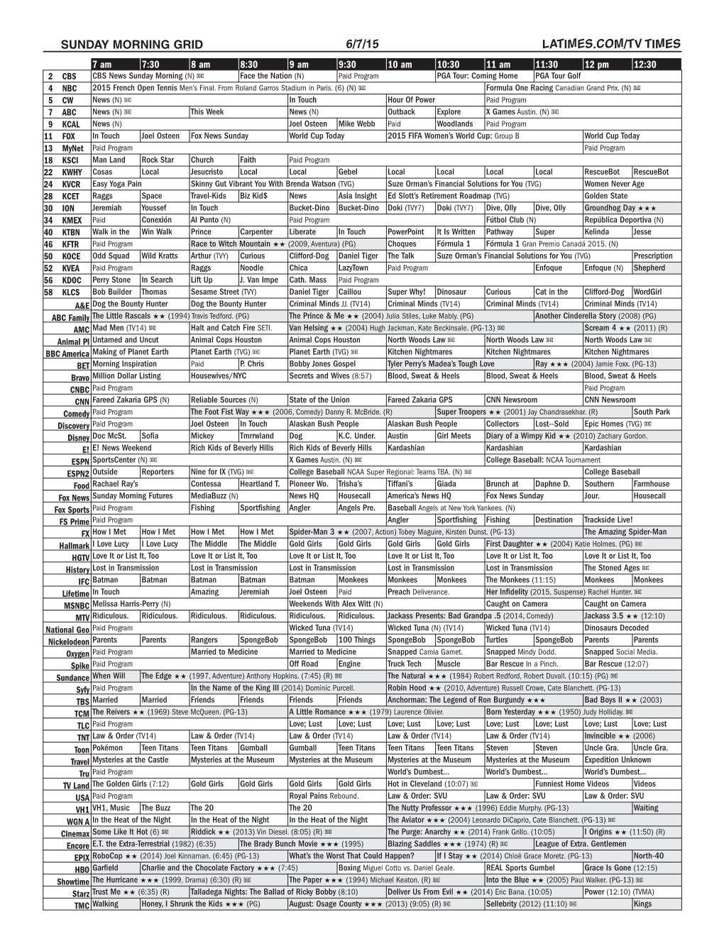 Sunday Morning Grid 6/7/15 Latimes.Com/Tv Times