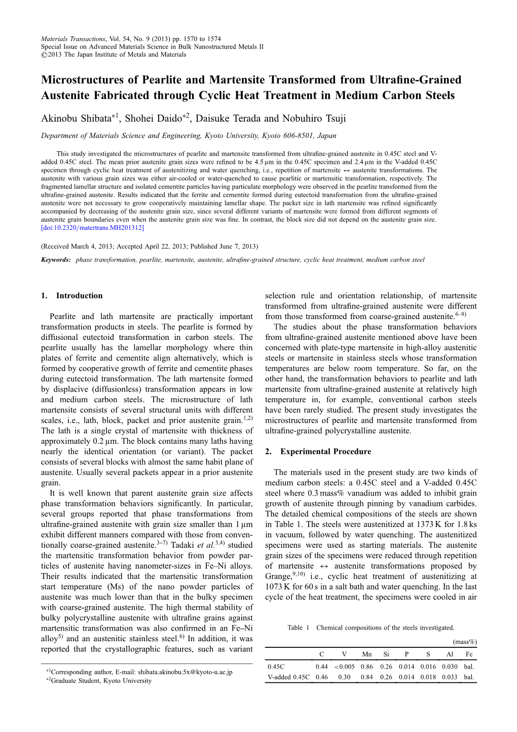 Microstructures of Pearlite and Martensite Transformed from Ultraﬁne-Grained Austenite Fabricated Through Cyclic Heat Treatment in Medium Carbon Steels