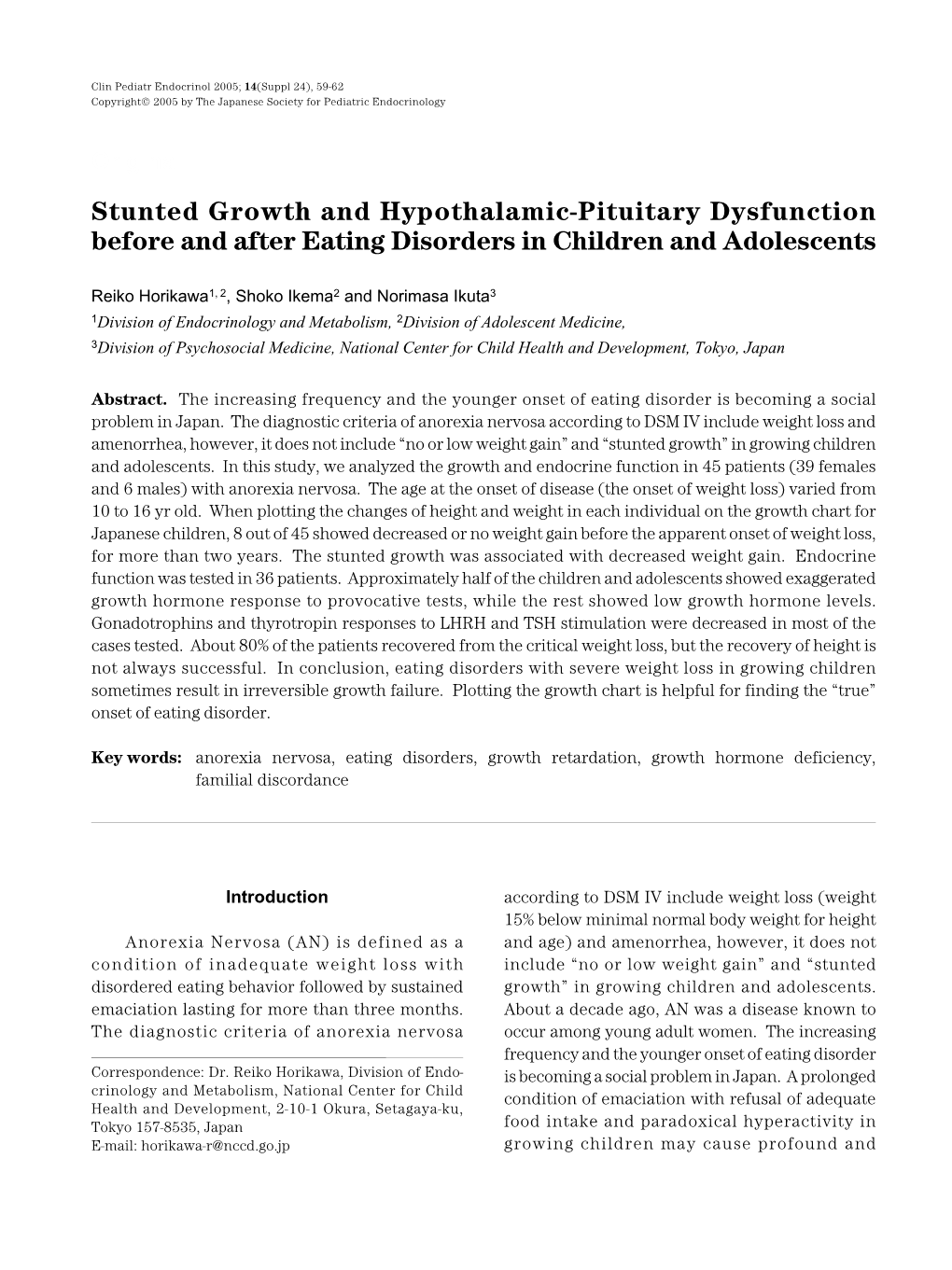 Stunted Growth and Hypothalamic-Pituitary Dysfunction Before and After Eating Disorders in Children and Adolescents