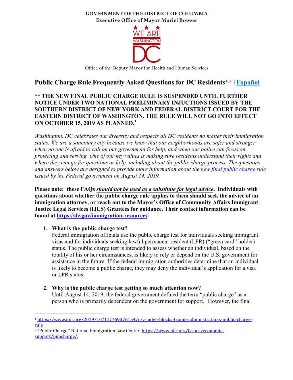 Public Charge Rule Frequently Asked Questions for DC Residents** I Español